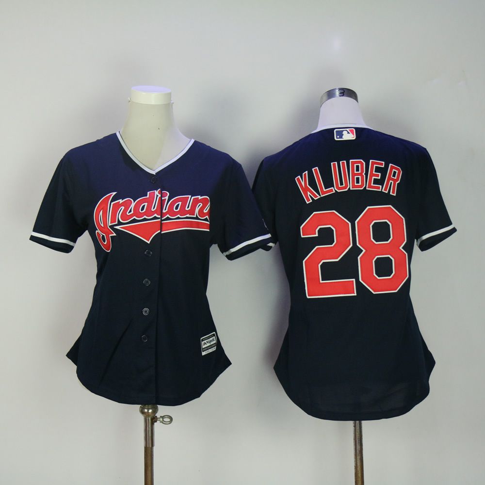 Women Cleveland Indians #28 Kluber Blue MLB Jerseys->women mlb jersey->Women Jersey